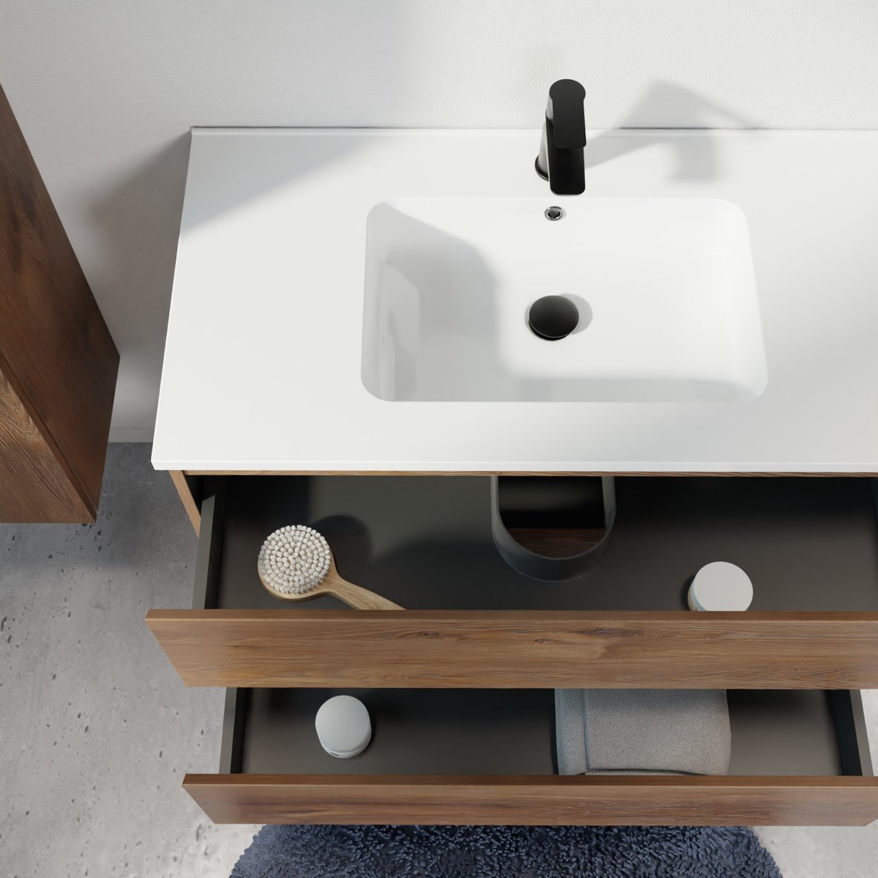 Linie Lado meuble salle de bains suspendu 60 x 46 cm chêne brun avec Vano plan simple en marbre composite blanc brillant