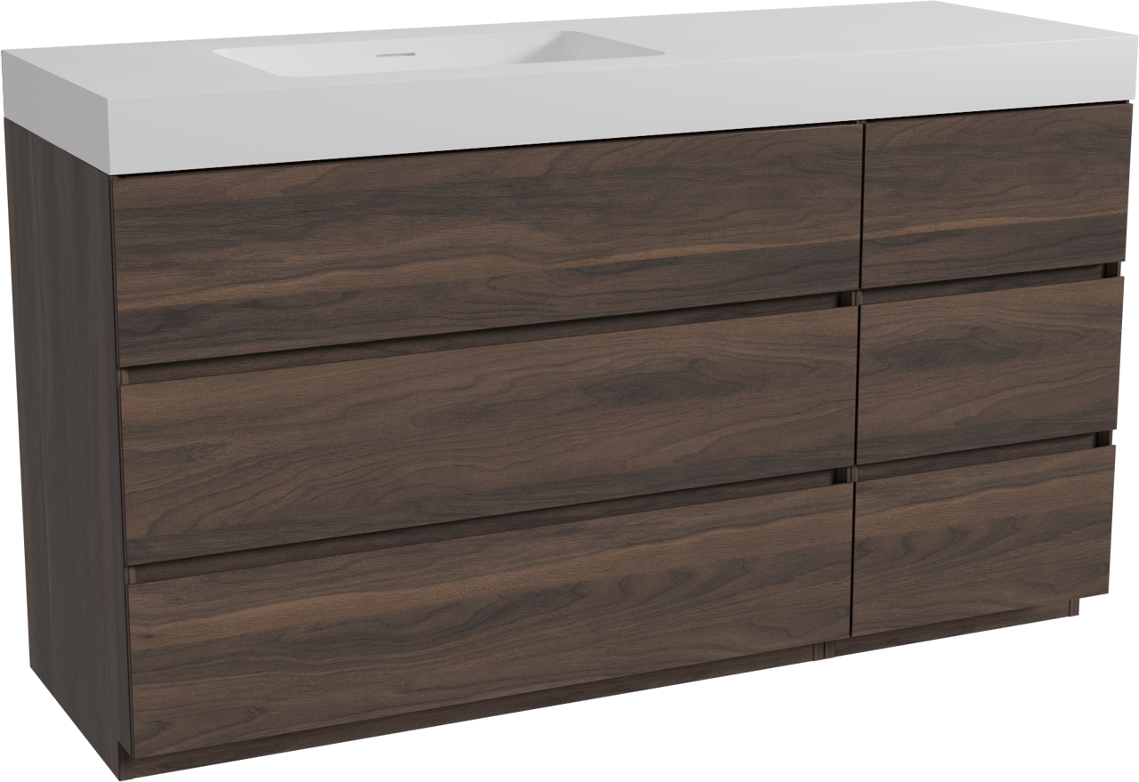 Storke Edge freistehendes Möbelstück Set: 150 x 52 cm, Nussbaum, mit Mata High Waschtisch links, Solid Surface Weiß matt