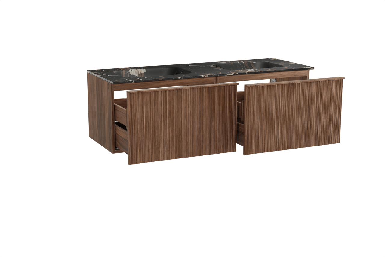 Balmani Forma zwevend badmeubel 150 x 55 cm amerikaans notenhout met Tablo Arcato dubbele wastafel in marmer portoro gold, Verticale asymmetrische ronde ribbel