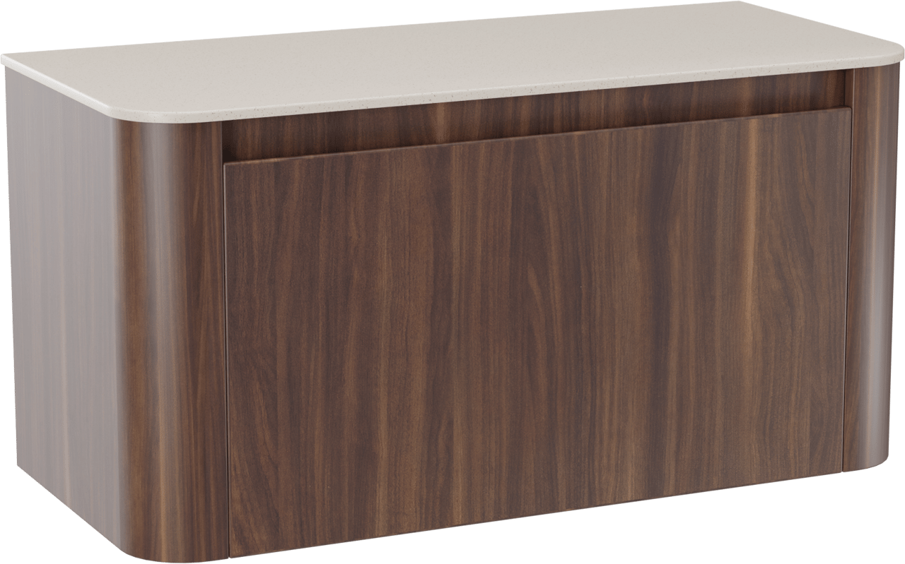 Storke Soft zwevend badkamermeubel 100 x 46 cm notelaar met Tavola Soft enkele tablet in solid surface beige granita