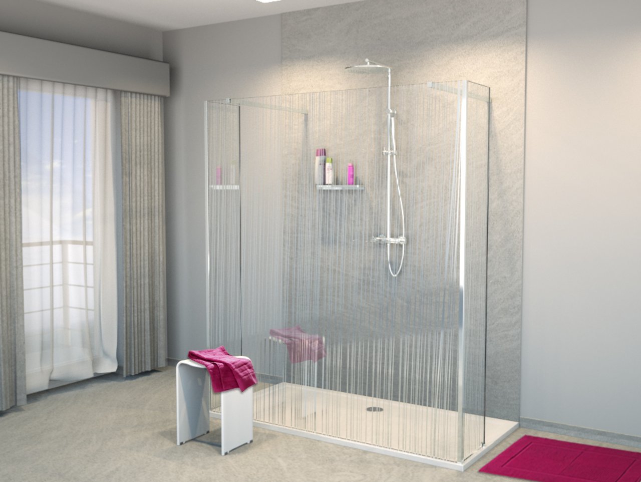 Balmani Modular Walk-In-Dusche mit freistehender Wand und fixiertem Paneel 160 x 200 cm, Mikado Glas, Profil chrom glänzend