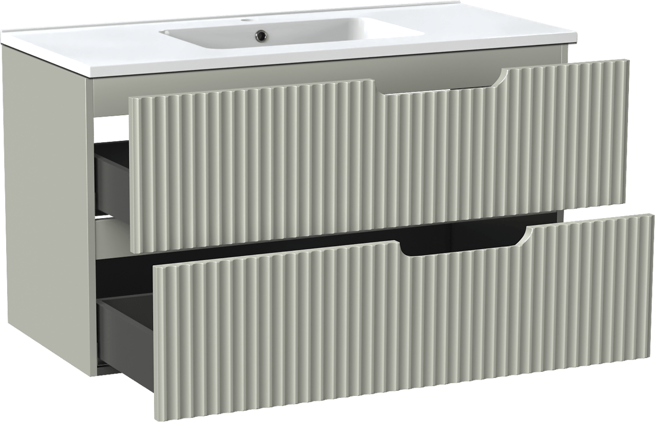 Linie Ribbo hängendes Möbelstück Set: 100 x 46 cm, Greige, mit Vano Einzelwaschtisch, Marmorkomposit, Weiß glänzend, Vertikale symmetrische runde Rippe