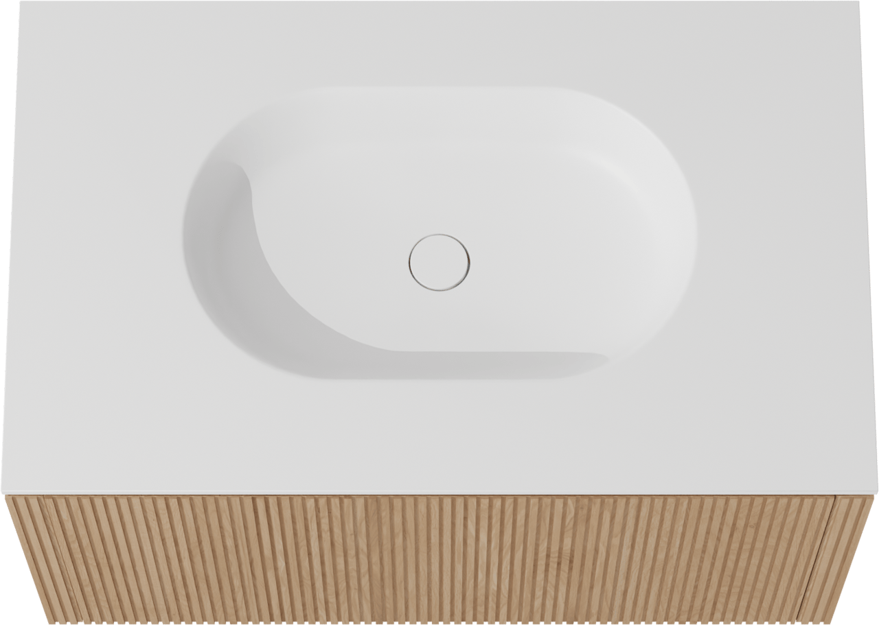 Balmani Eclips meuble salle de bains suspendu 90 x 55 cm Chêne naturelle avec Tablo Oval plan simple en Solid Surface blanc mat, Nervure droite symétrique verticale