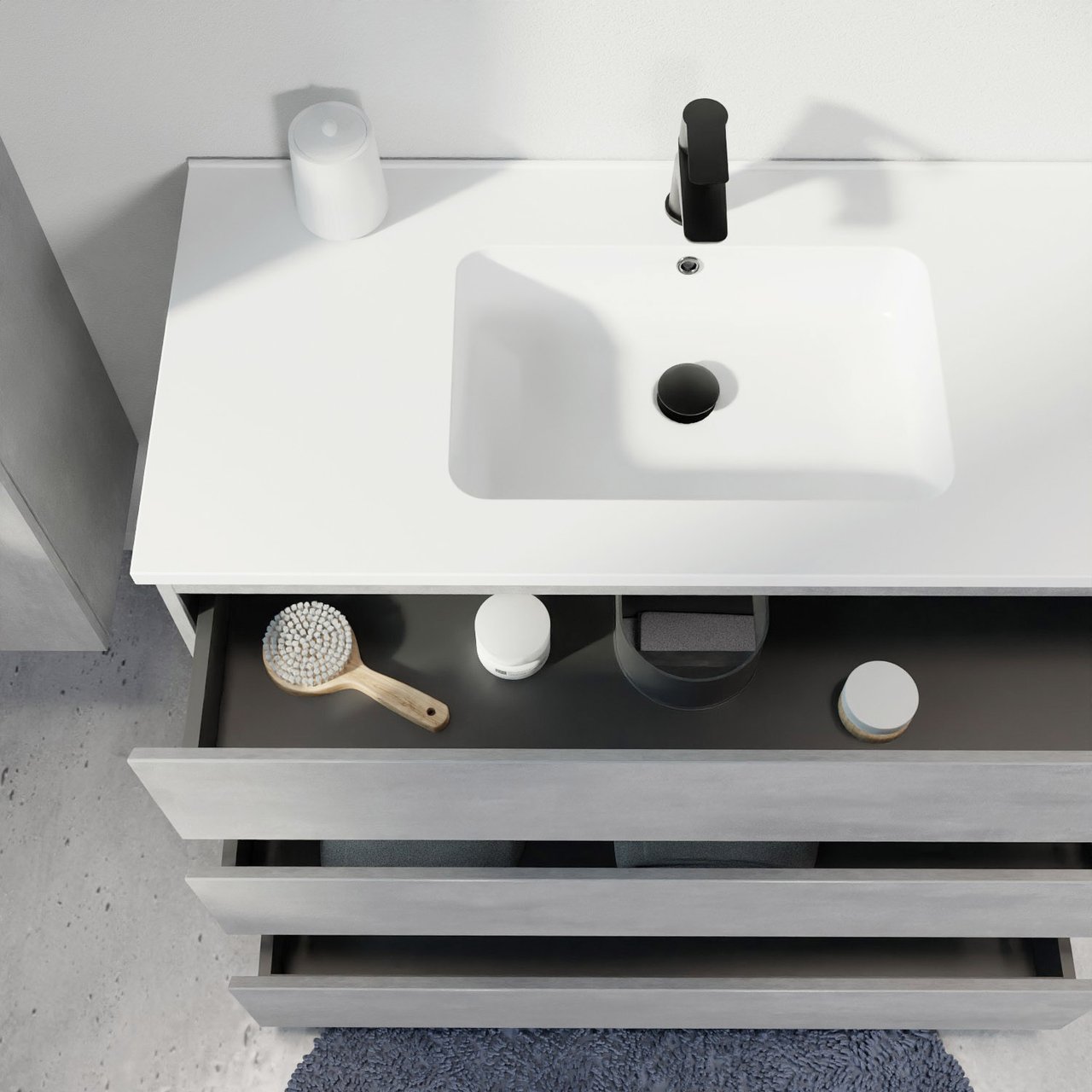 Linie Lado staand badmeubel 100 x 46 cm beton donkergrijs met Vano enkele wastafel in composietmarmer mat wit