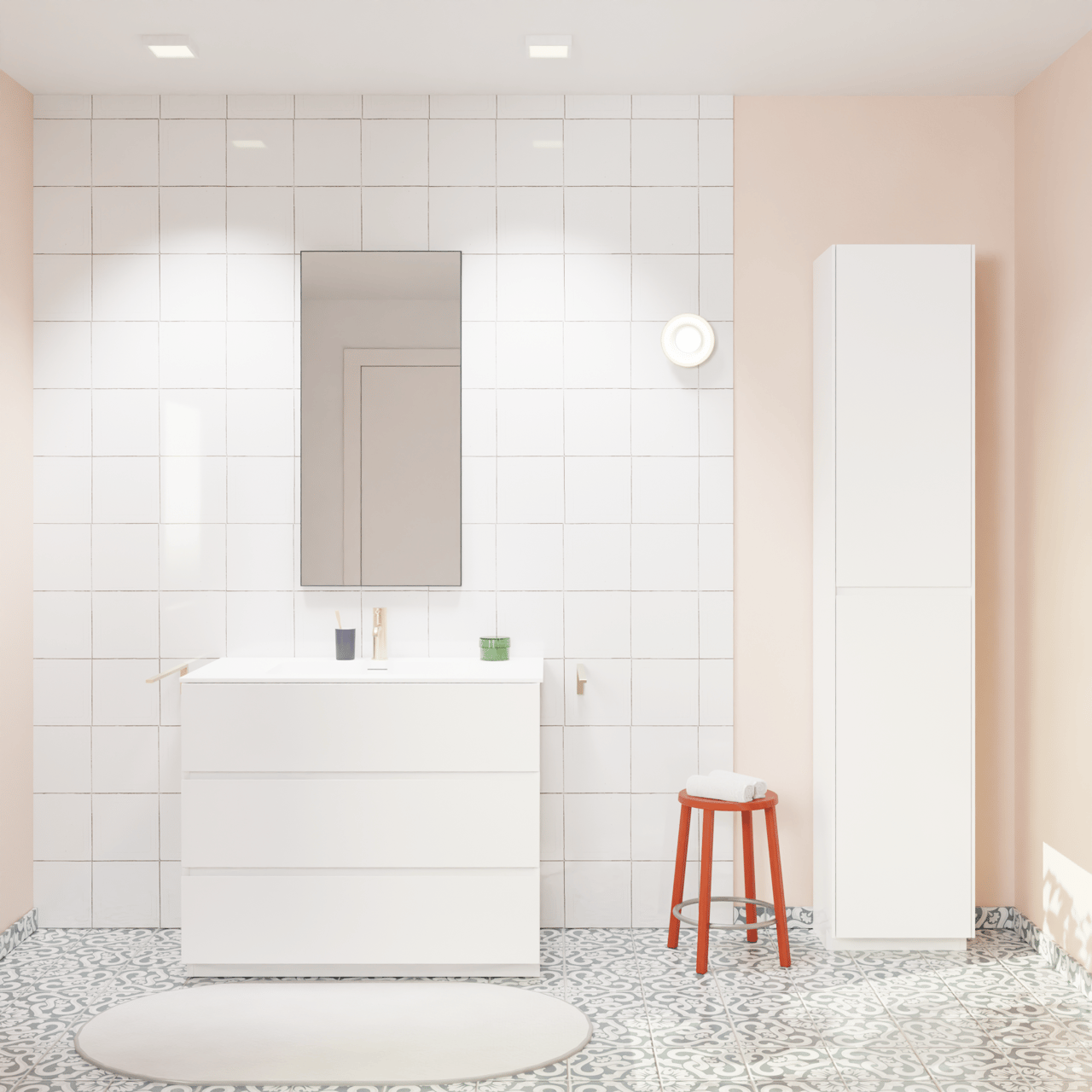 Storke Edge freistehendes Möbelstück Set: 95 x 52 cm, Weiß glänzend, mit Mata Einzelwaschtisch, Solid Surface Weiß matt