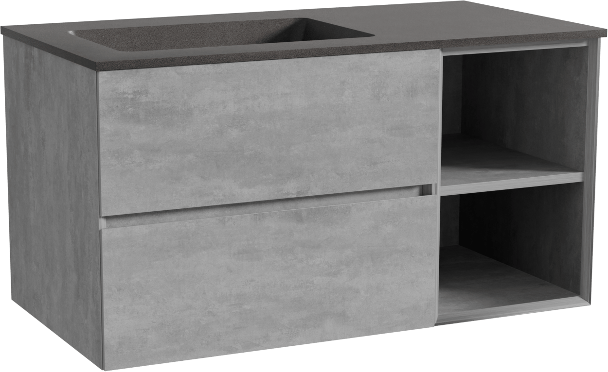 Storke Edge meuble salle de bains suspendu 100 x 52 cm béton gris foncé avec Scuro vasque asymétrique gauche en quartz noir mat
