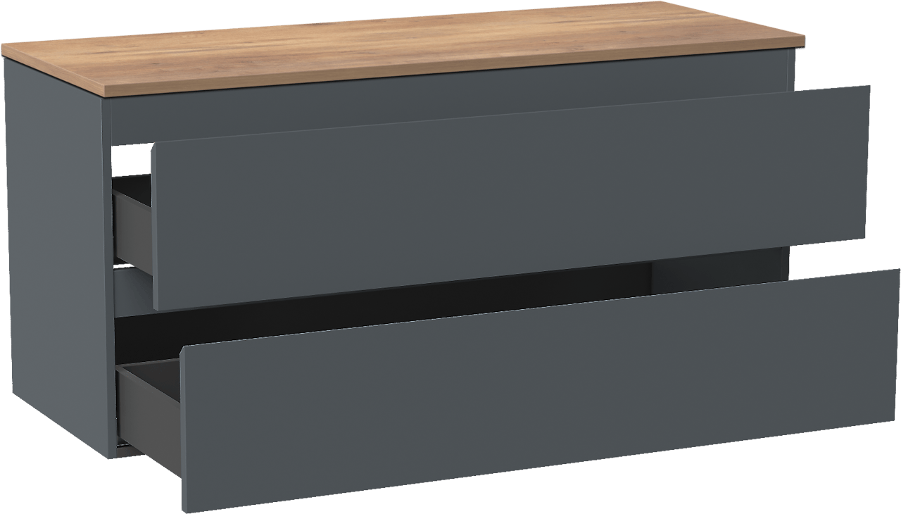 Linie Lado meuble salle de bains suspendu 120 x 46 cm bleu anthracite avec Lado tablette simple ou double en mélaminé chêne naturel