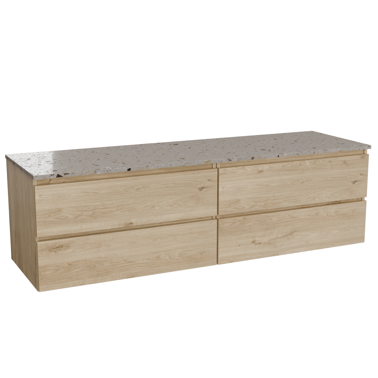 Balmani Lucida hängendes Möbelstück Set: 180 x 55 cm, Rohe Eiche, mit Stretto Einzel- oder Doppel Waschtischplatte, Terrazzo in Greige