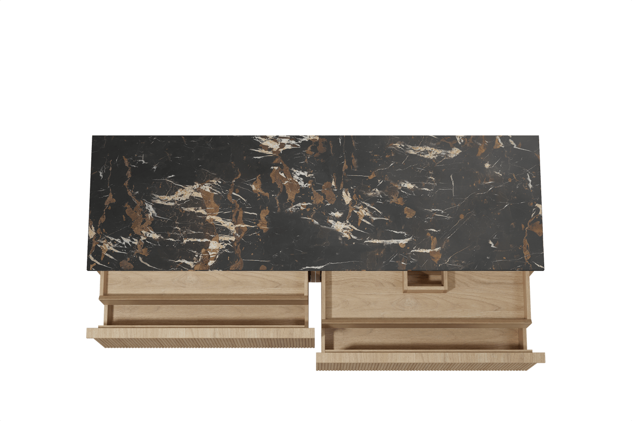 Balmani Forma meuble salle de bains suspendu 180 x 55 cm chêne naturel avec Stretto tablette simple ou double en marbre portoro gold, Nervure droite symétrique verticale