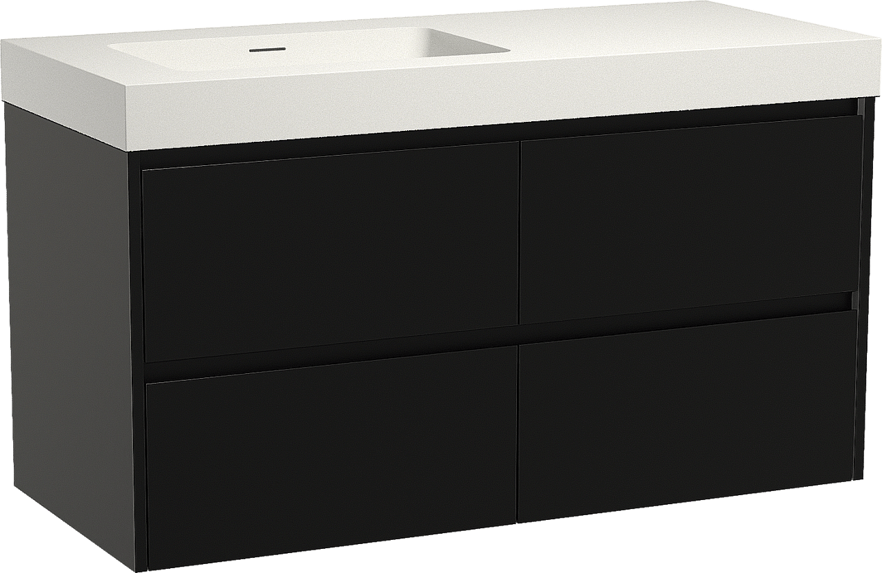 Storke Seda zwevend badmeubel 120 x 52 cm mat zwart met Mata High asymmetrisch linkse wastafel in solid surface mat wit