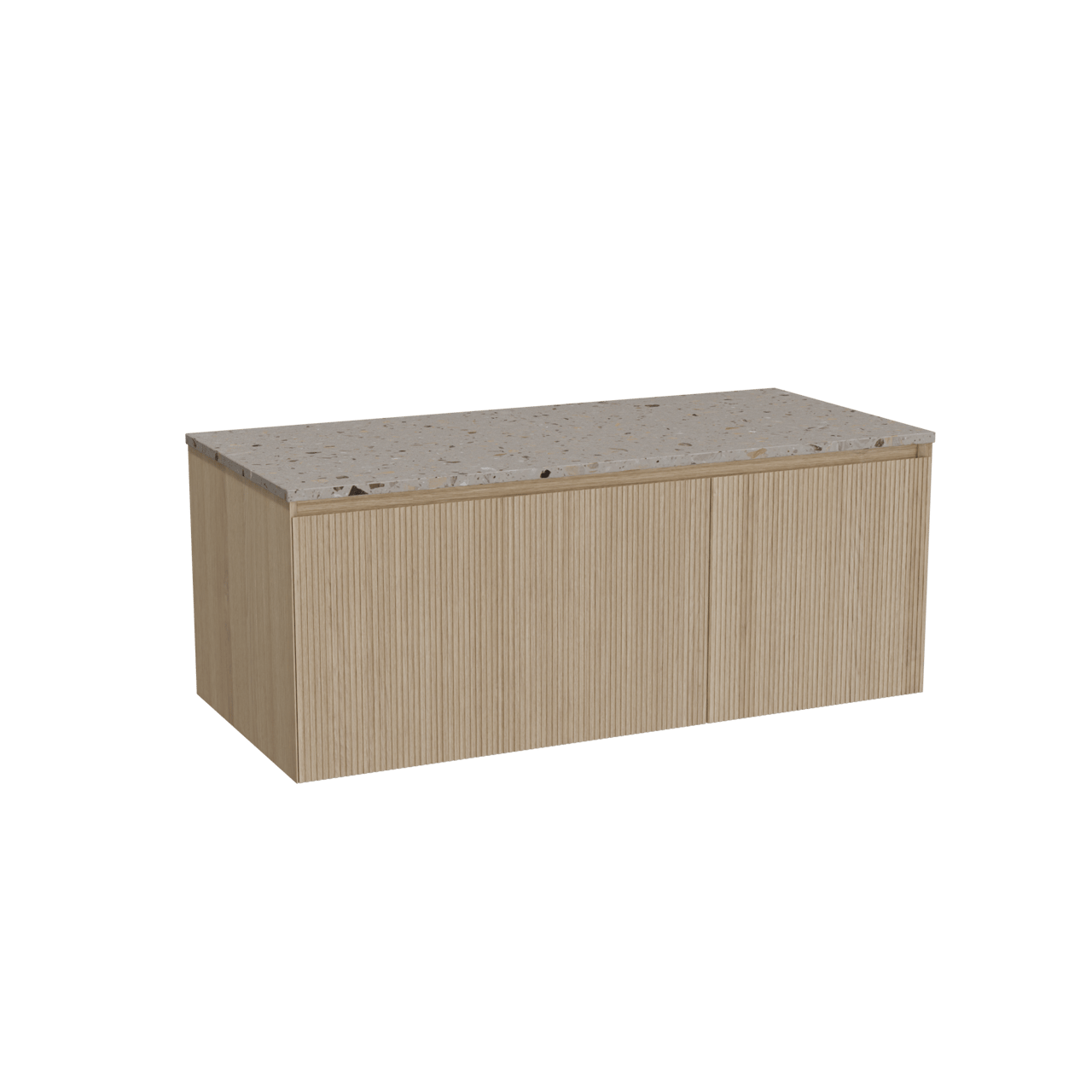 Balmani Fila zwevend badkamermeubel 120 x 55 cm natuur eik met Stretto enkel of dubbel tablet in terrazzo greige terrazzo, Verticale symmetrische rechte ribbel