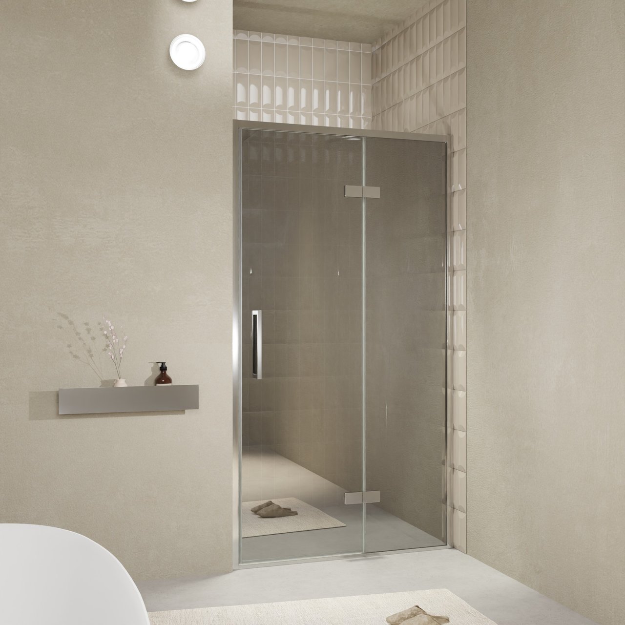 Balmani Senses Design porte pivotante à droite 120 cm x 210 cm verre Miroir Reflex, Profil chrome, coating inclus