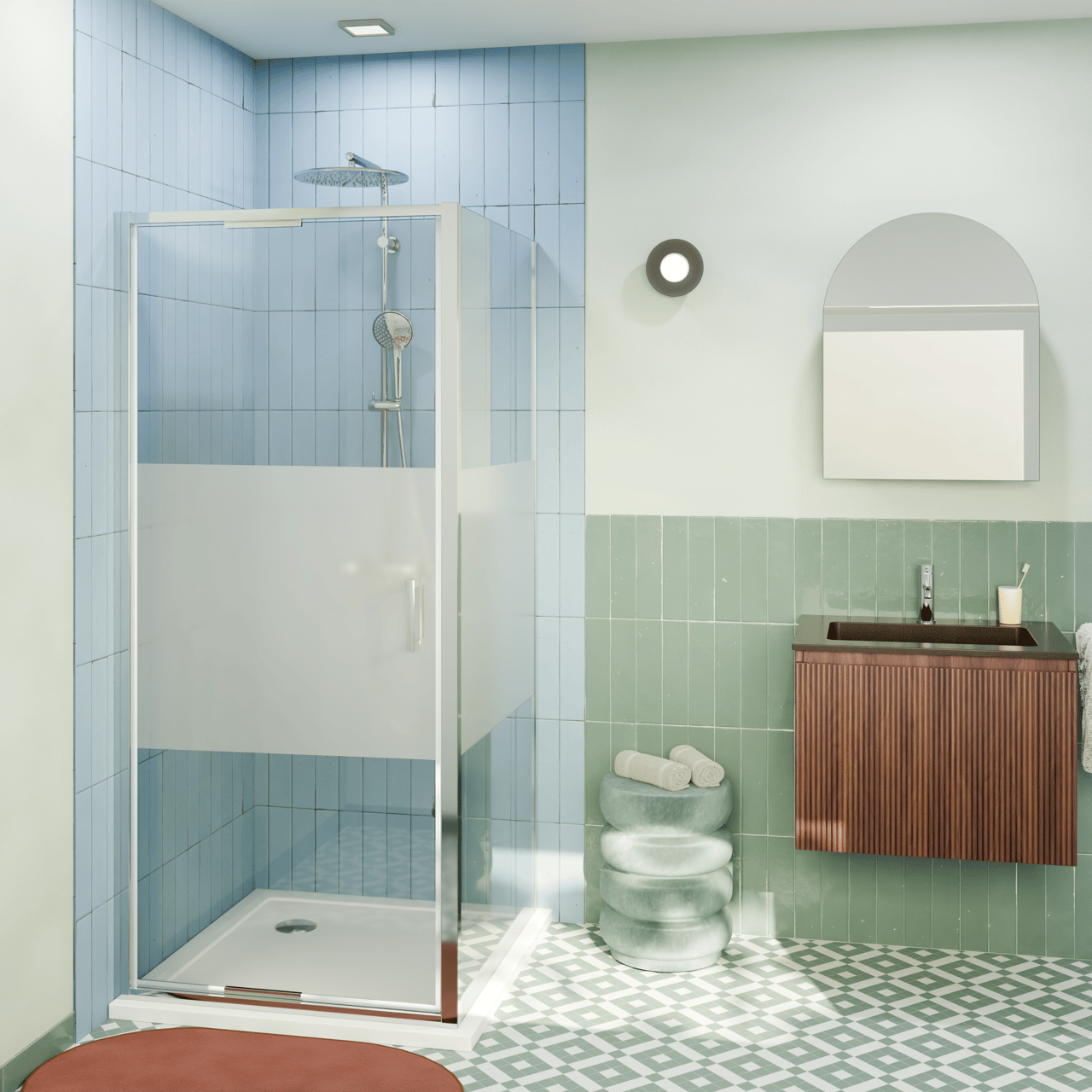 Luca Varess Vidor In Eckdusche: Drehtür und fixierte, Seitenwand, 80 x 80 cm, Klarglas mit mattiertem Streifen, Chrom Profil, glänzend