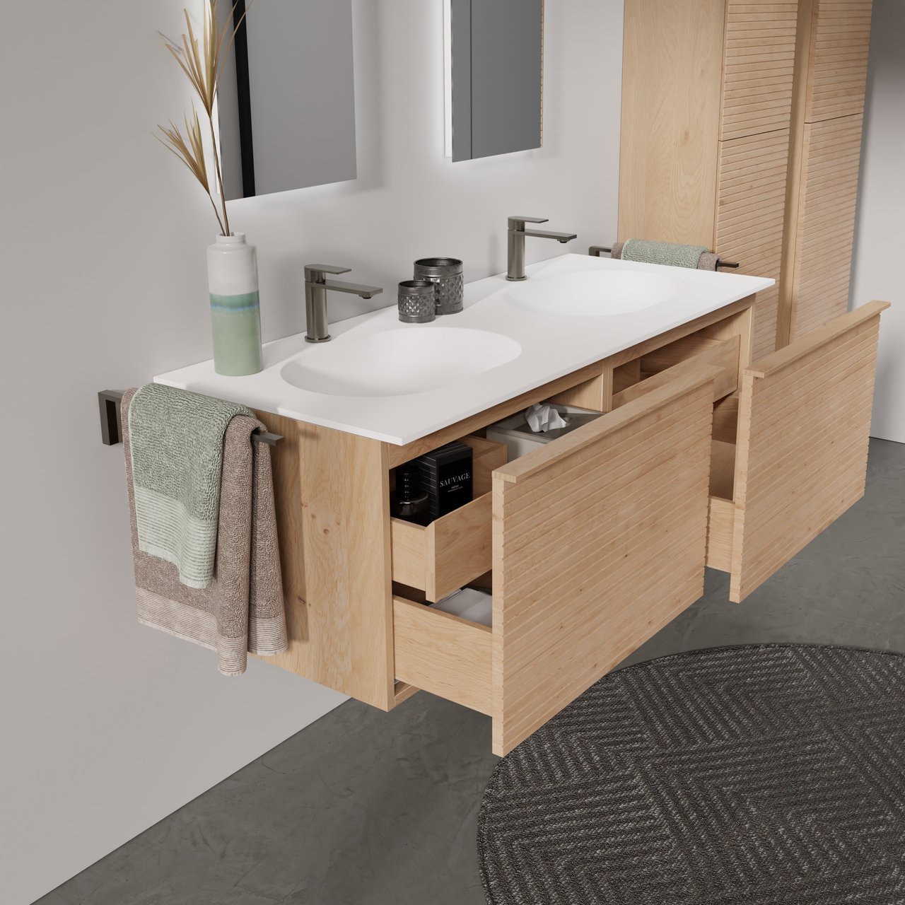 Balmani Forma meuble salle de bains suspendu 135 x 55 cm chêne naturel avec Tablo Oval double vasque en solid surface blanc mat, Nervure droite symétrique horizontale