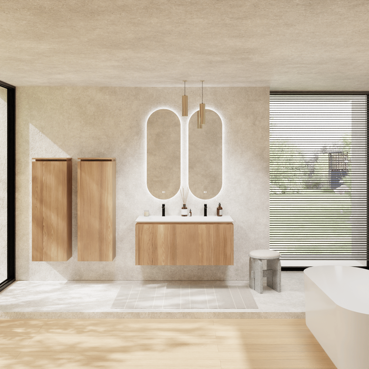 Balmani Eclips zwevend badkamermeubel 120 x 55 cm Teak met Eclips enkele wastafel in Solid Surface mat wit