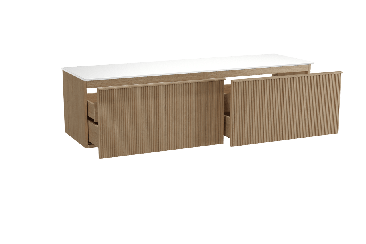 Balmani Forma zwevend badkamermeubel 180 x 55 cm natuur eik met Stretto enkel of dubbel tablet in solid surface mat wit, Verticale symmetrische rechte ribbel