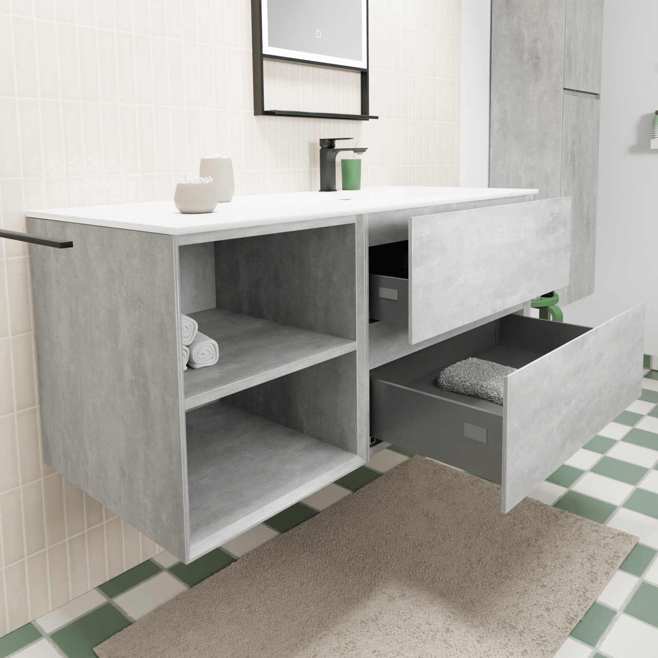 Storke Edge meuble salle de bains suspendu 120 x 52 cm béton gris foncé avec Mata plan vasque asymétrique à droite en solid surface blanc mat