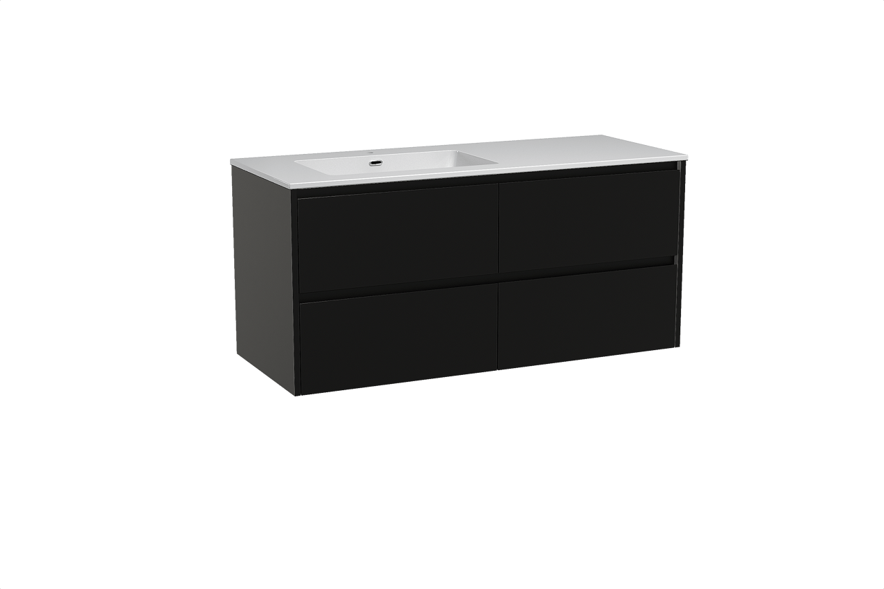 Storke Seda zwevend badkamermeubel 130 x 52 cm mat zwart met Diva asymmetrisch linkse wastafel in composietmarmer glanzend wit