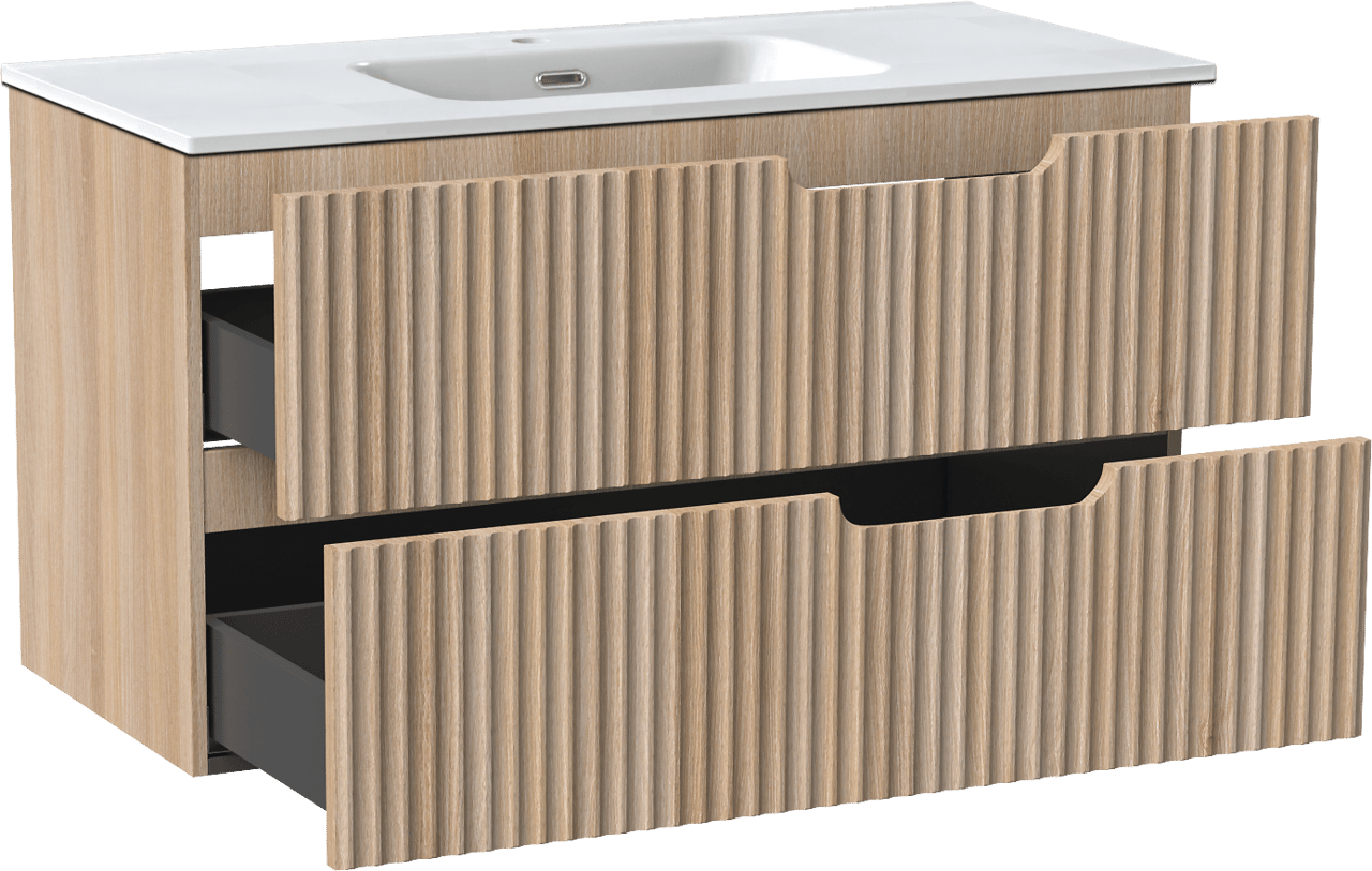 Linie Ribbo meuble salle de bains suspendu 100 x 46 cm chêne clair avec Baro plan simple en porcelaine blanc brillant, Nervure circulaire symétrique verticale