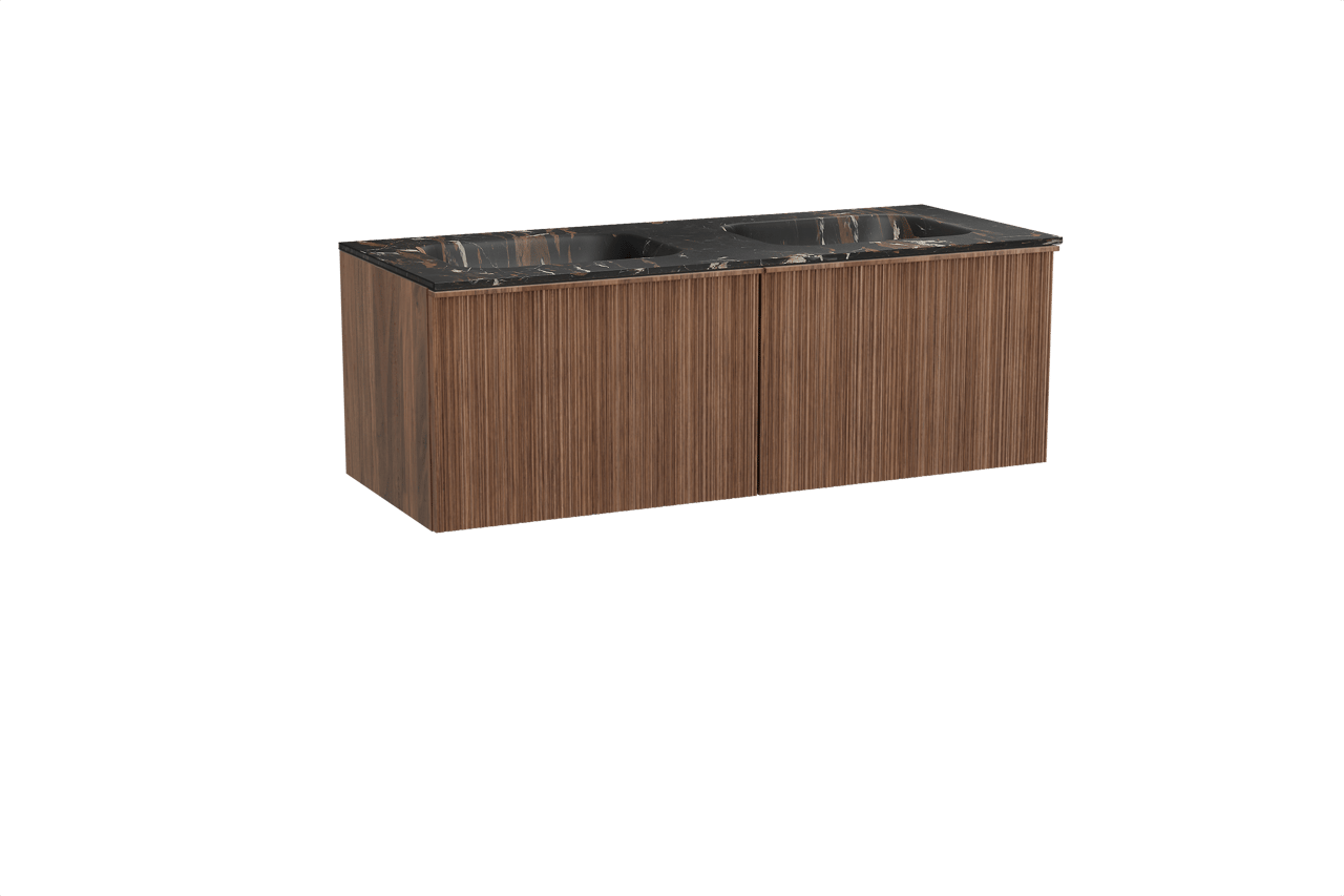 Balmani Forma hängendes Möbelstück Set: 135 x 55 cm, Amerikanischer Nussbaum, mit Tablo Arcato Doppelwaschtisch, Marmor, Portoro Gold, Vertikale asymmetrische Runde Rippe