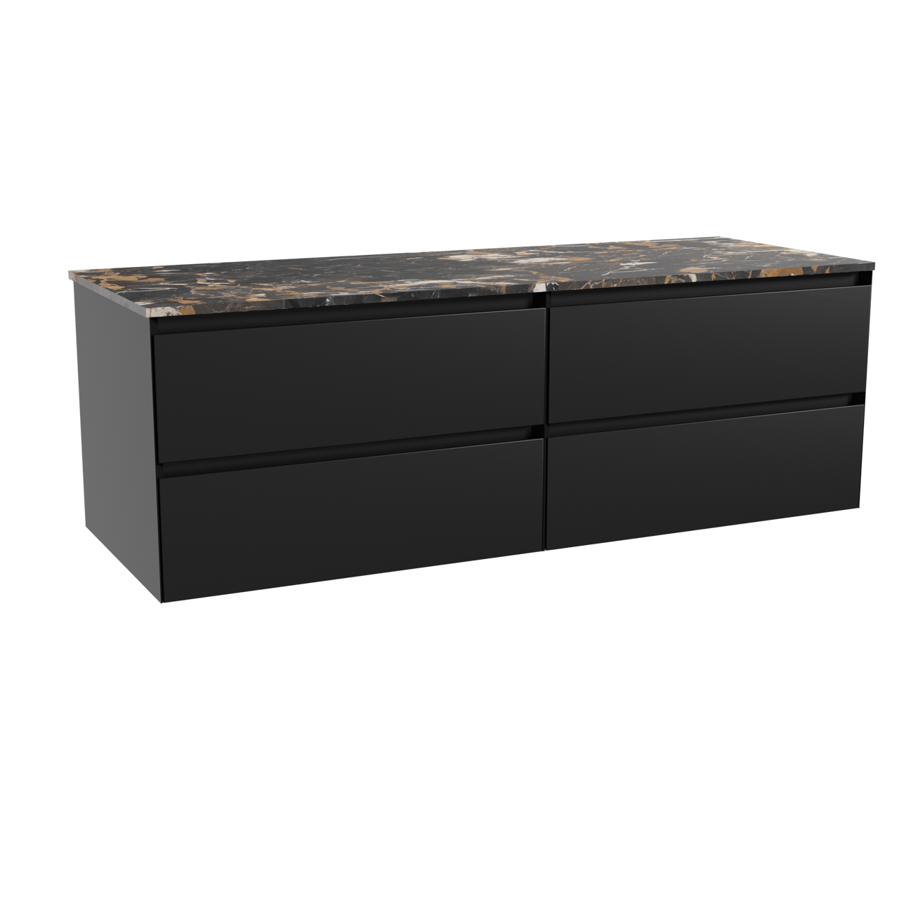 Balmani Mitra meuble salle de bains suspendu 150 x 55 cm noir mat avec Stretto tablette simple ou double en marbre portoro gold