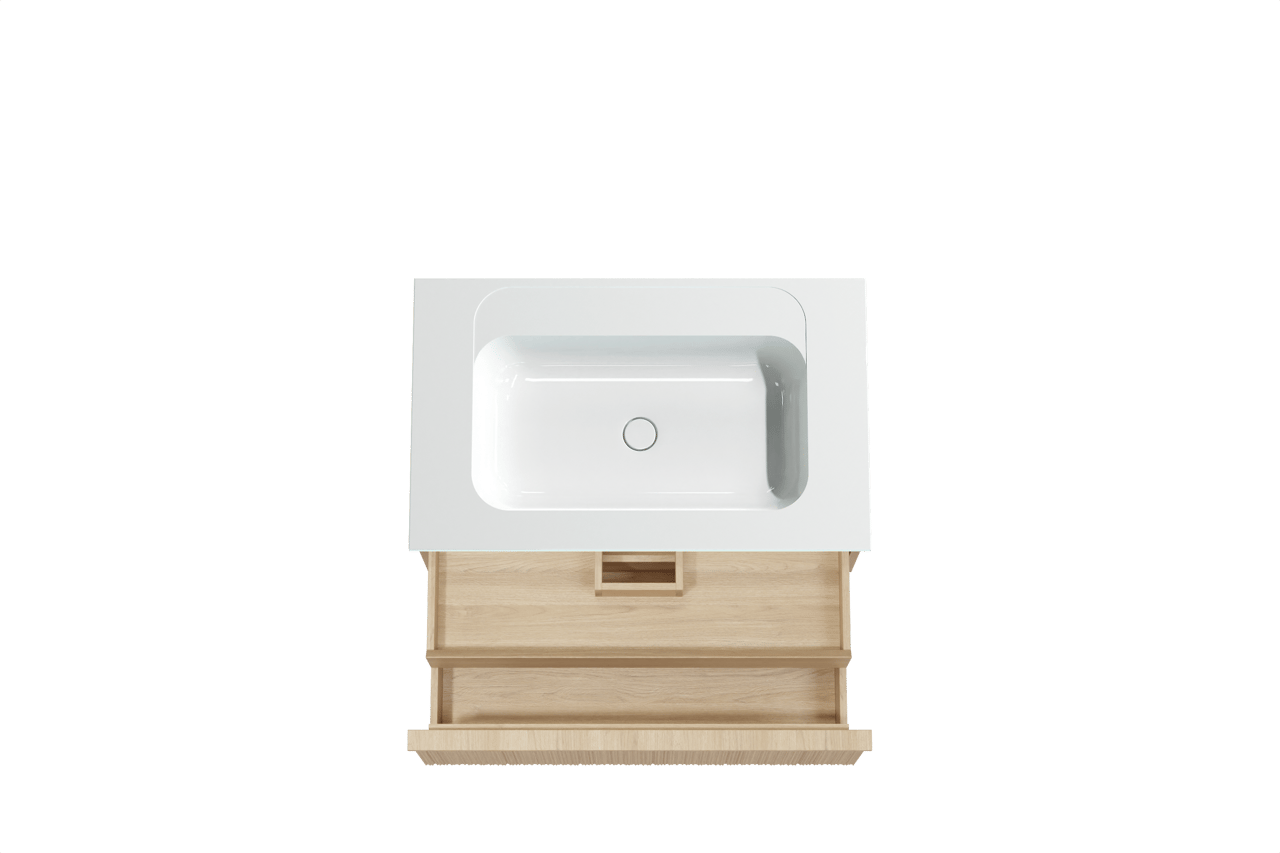 Balmani Forma hängendes Möbelstück Set: 90 x 55 cm, Naturbelassene Eiche, mit Tablo Strada Einzelwaschtisch, Marmorkomposit, Weiß glänzend, Vertikale asymmetrische Runde Rippe