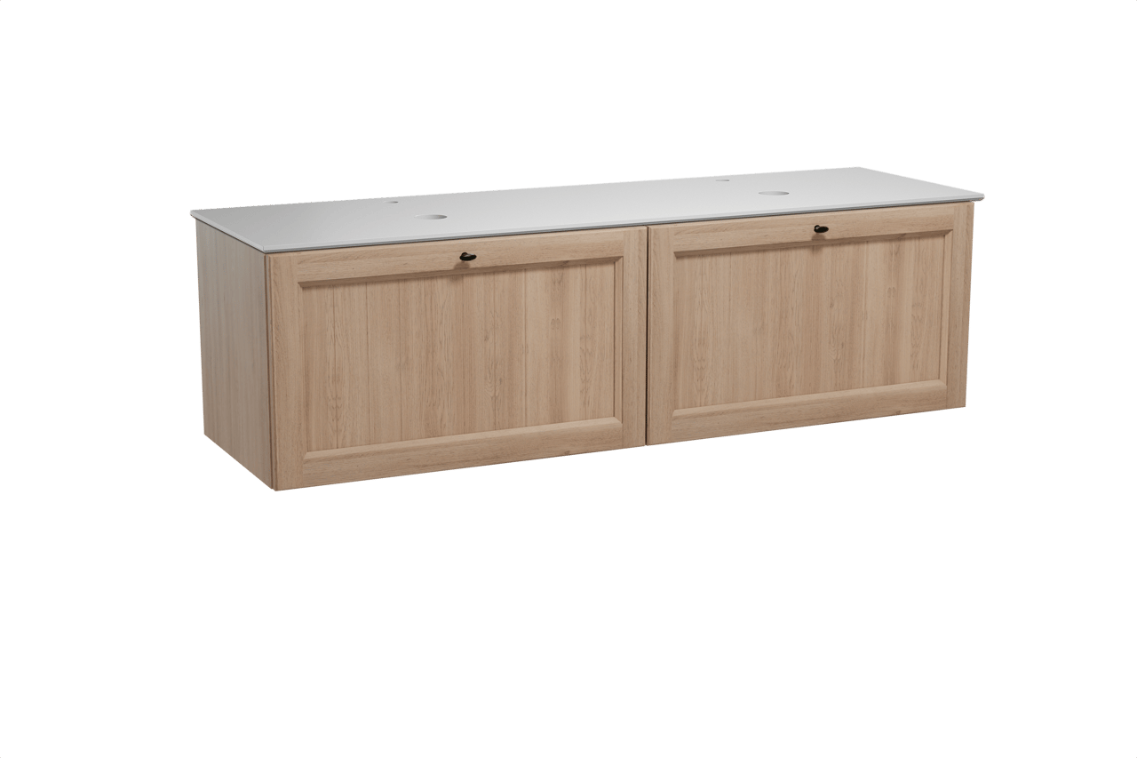 Balmani Lemon hängendes Möbelstück Set: 180 x 55 cm, Verwitterte Eiche, mit Facetta Doppel Waschtischplatte, Solid Surface Weiß matt