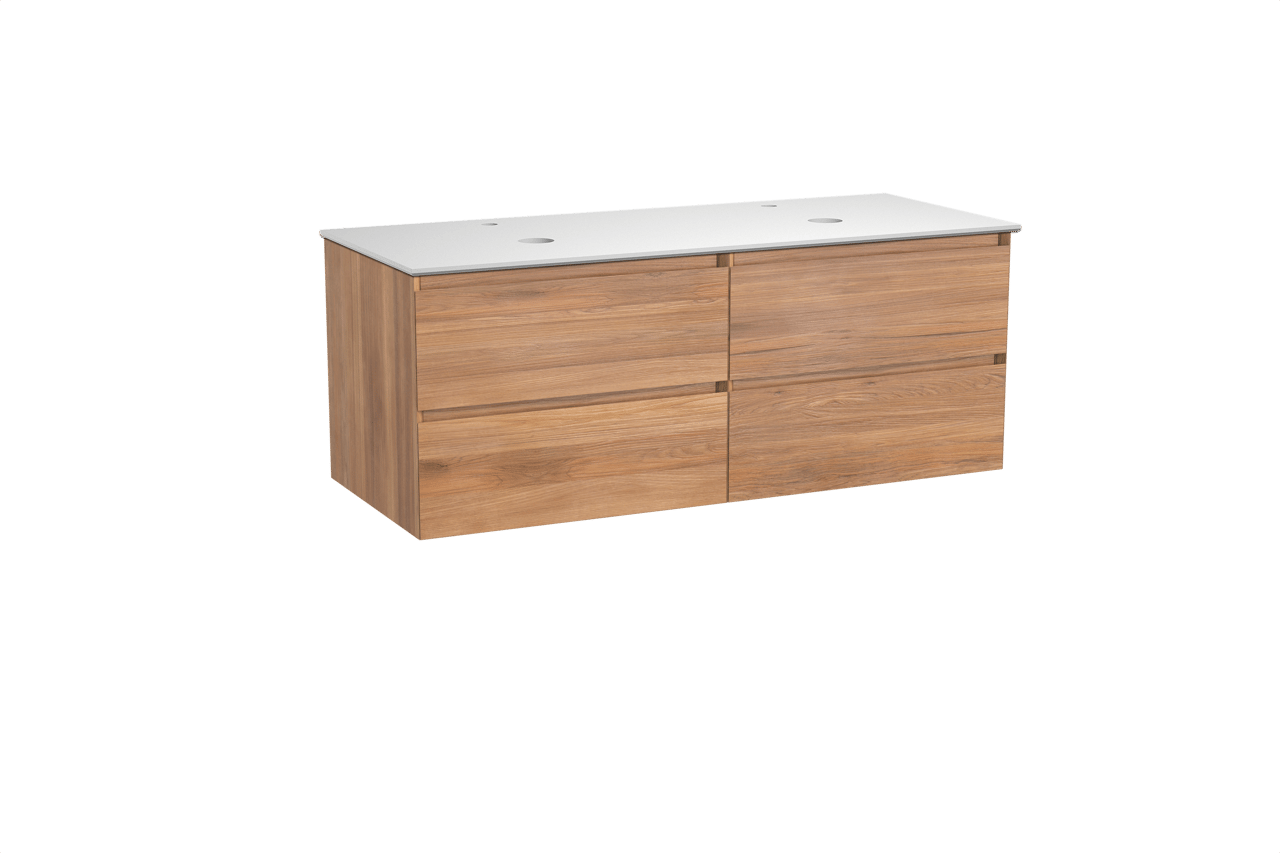 Balmani Mitra hängendes Möbelstück Set: 135 x 55 cm, Teak, mit Facetta Doppel Waschtischplatte, Solid Surface Weiß matt