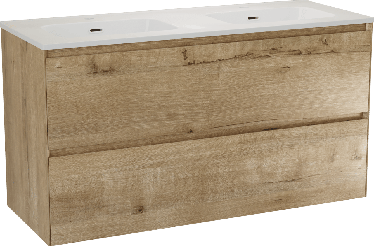 Balmani Mitra Compact hängendes Möbelstück Set: 120 x 46 cm, Eiche Rau, mit Nostra Doppelwaschtisch Keramik Weiβ glänzend