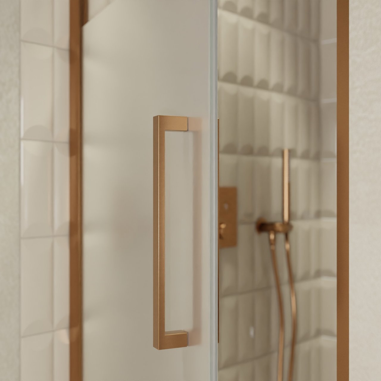 Balmani Senses Design porte pivotante à gauche 90 cm x 210 cm verre transparent avec bande matte, Profil Brushed Rosegold, coating inclus