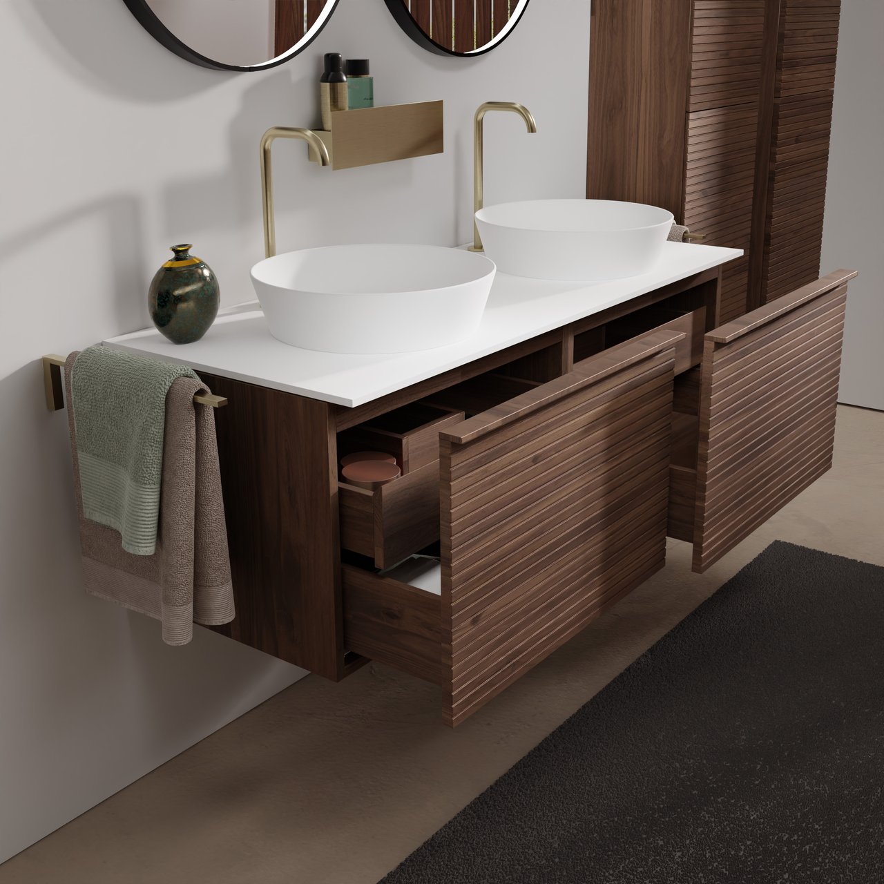 Balmani Forma hängendes Möbelstück Set: 135 x 55 cm, Amerikanischer Nussbaum, mit Stretto Einzel- oder Doppel Waschtischplatte, Solid Surface, Weiß matt, Horizontale symmetrische gerade Rippe