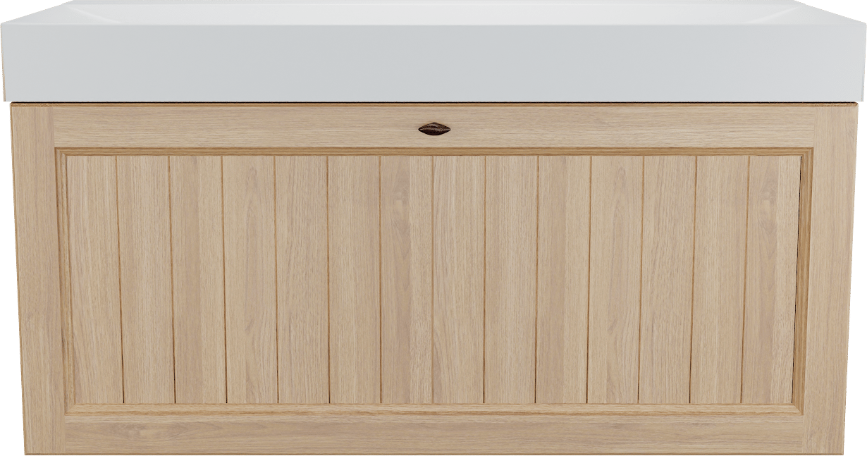 Balmani Lemon zwevend badmeubel 120 x 55 cm, fineer naturel eiken met Wave enkele wastafel voor 2 kraangaten in mat wit