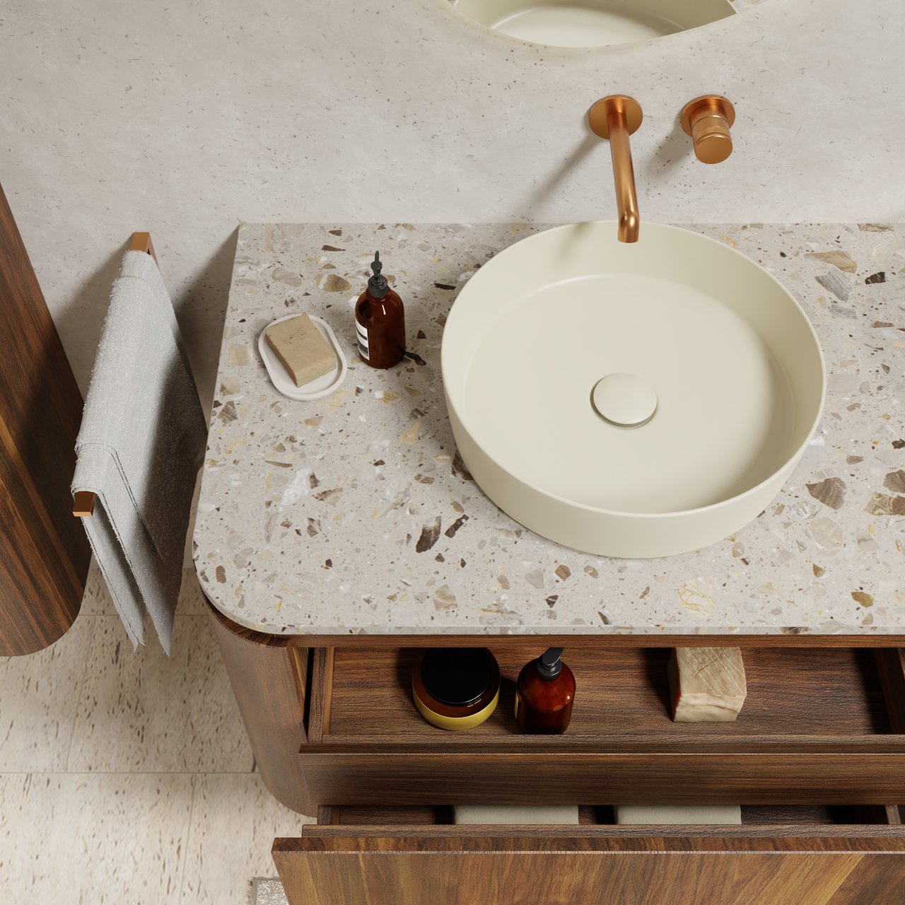 Balmani Moon hängendes Möbelstück Set: 100 x 55 cm, Amerikanischer Nussbaum, mit Moon Einzel Waschtischplatte, Terrazzo in Greige