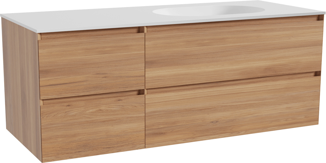 Balmani Mitra meuble salle de bains suspendu 135 x 55 cm teck avec Tablo Oval vasque asymétrique droite en solid surface blanc mat