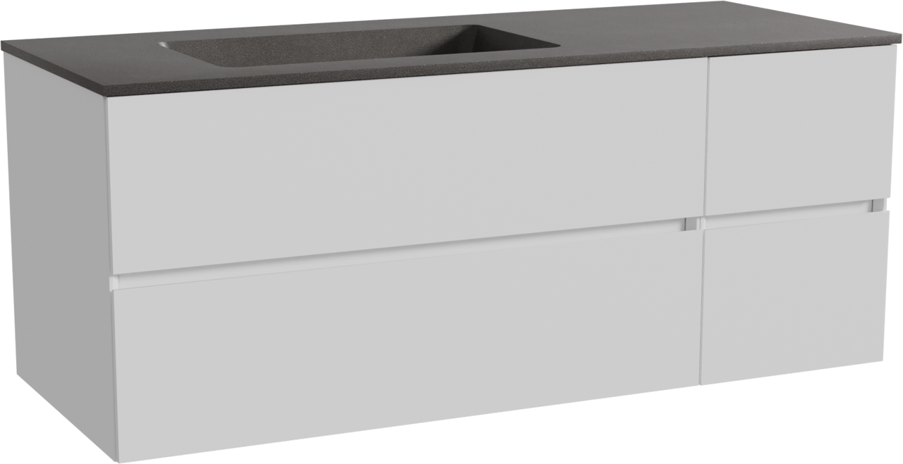 Storke Edge zwevend badmeubel 130 x 52 cm mat wit met Scuro asymmetrisch linkse wastafel in kwarts mat zwart