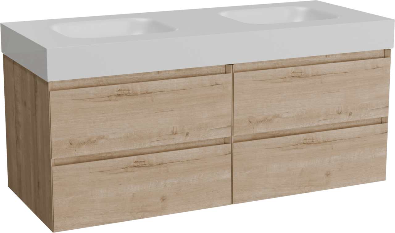 Balmani Mitra meuble salle de bains suspendu 135 x 55 cm chêne brut avec Arcato double vasque en solid surface blanc mat