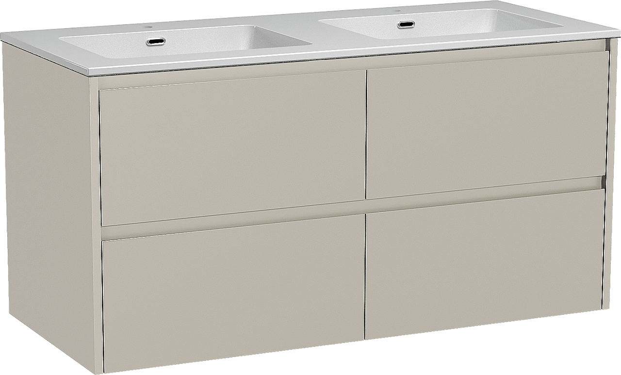 Storke Seda meuble salle de bains suspendu 120 x 52 cm soie grise avec Diva double vasque en marbre composite blanc brillant