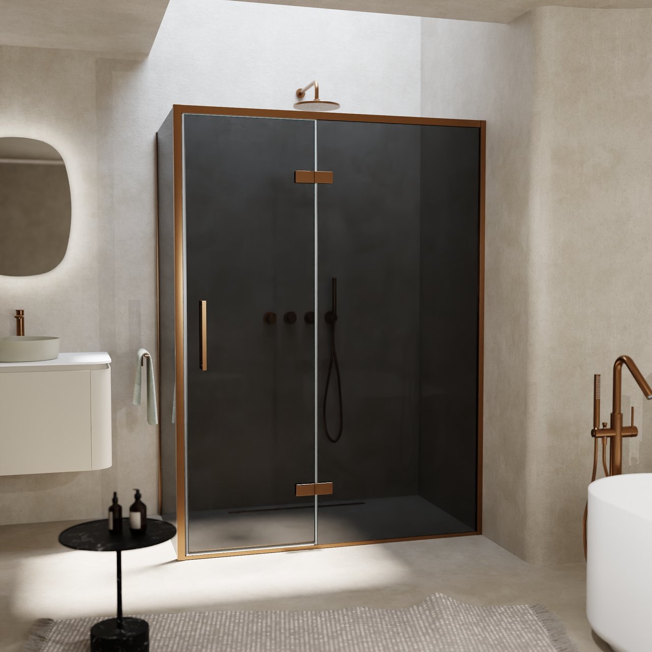 Balmani Senses Design douche en coin avec porte pivotante à droite et paroi latérale fixe, 140 x 100 cm, Verre fumé, Profil Brushed Rosegold, coating inclus, coating inclus
