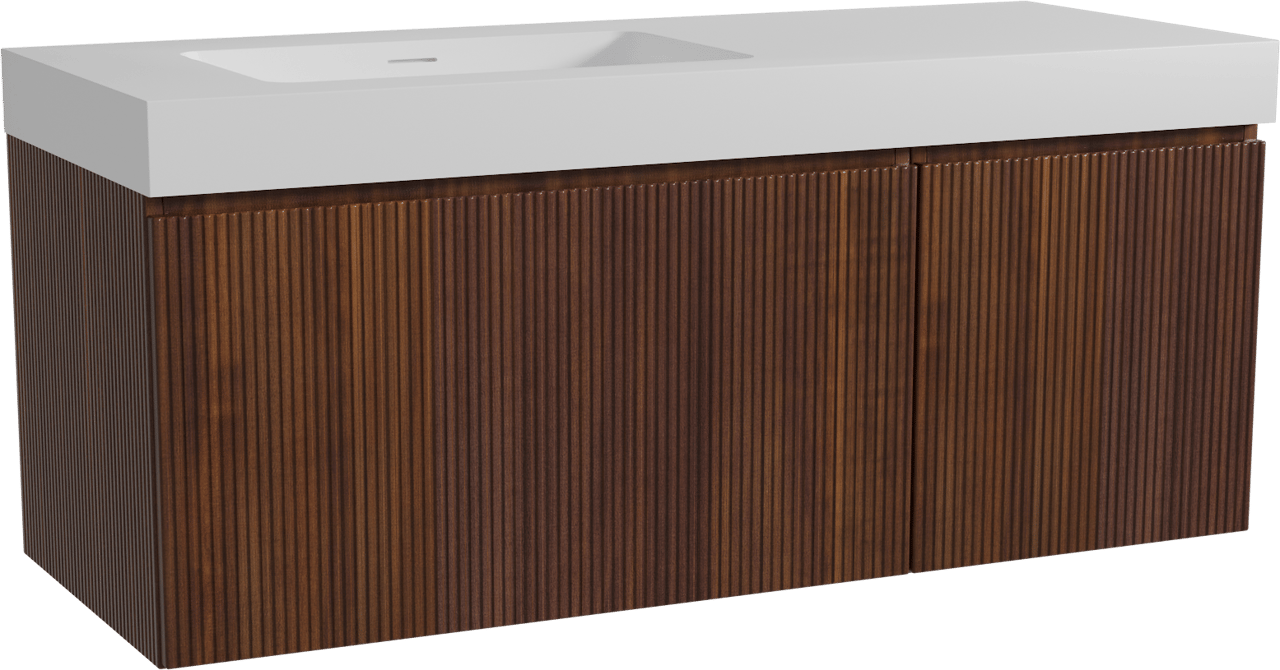 Storke Ribs zwevend badmeubel 130 x 52 cm notenhout met Mata High asymmetrisch linkse wastafel in solid surface mat wit, Verticale symmetrische rechte ribbel