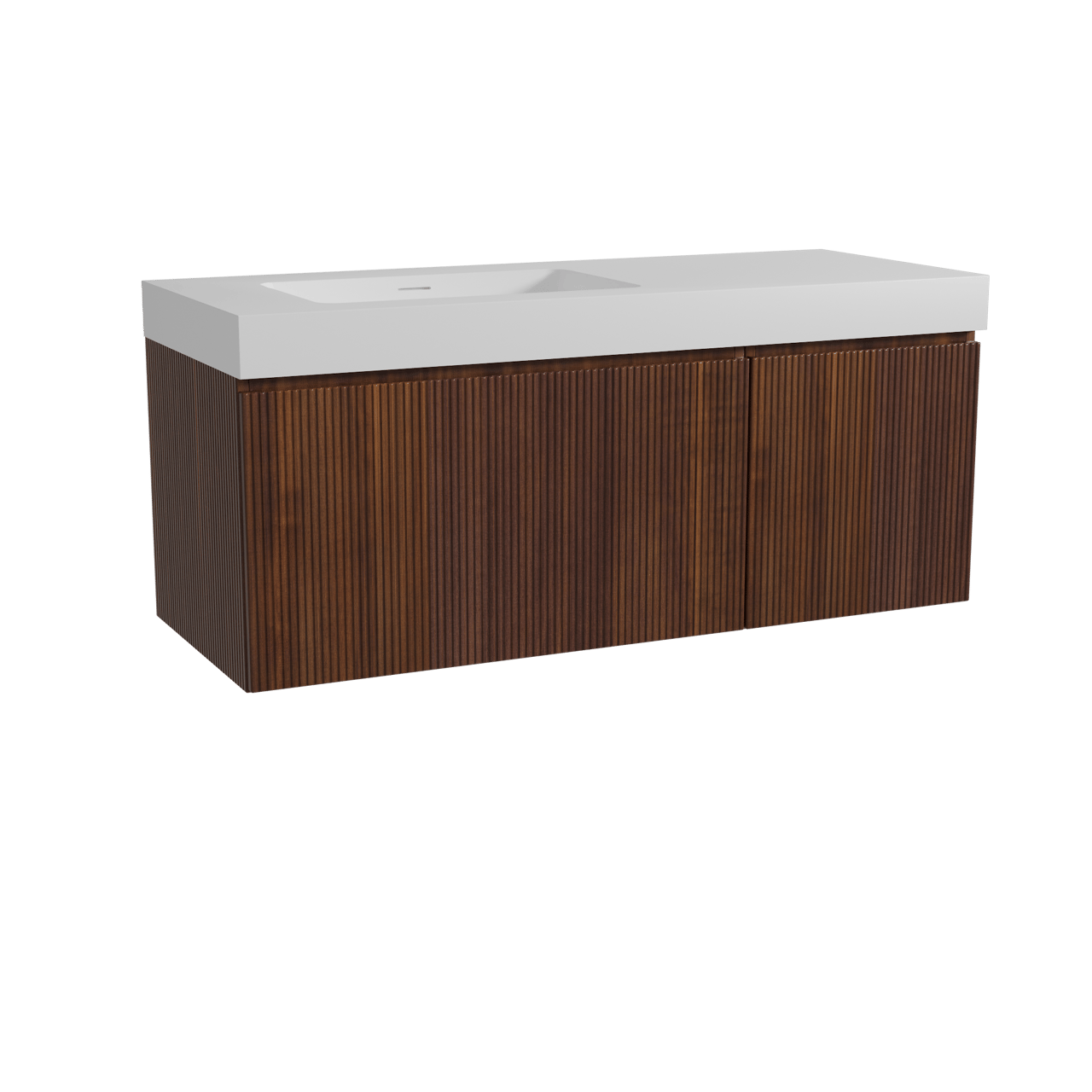 Storke Ribs hängendes Möbelstück Set: 130 x 52 cm, Nussbaum, mit Mata High Waschtisch links, Solid Surface, Weiß matt, Vertikale symmetrische gerade Rippe