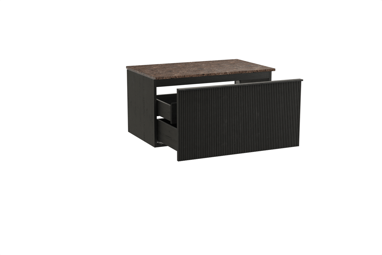 Balmani Forma hängendes Möbelstück Set: 90 x 55 cm, Schwarze Eiche, mit Stretto Einzel Waschtischplatte, Marmor, Dark Emperador, Vertikale symmetrische gerade Rippe