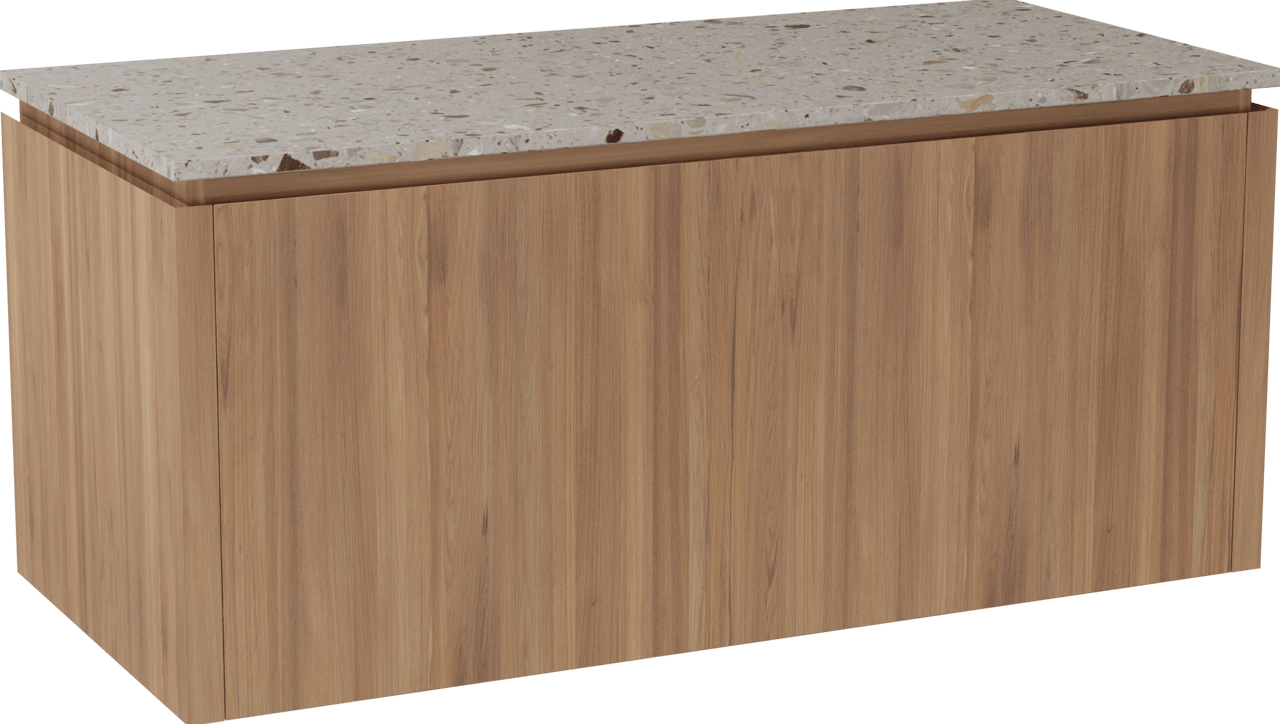 Balmani Eclips hängendes Möbelstück Set: 120 x 55 cm, Teak, mit Stretto Einzel- oder Doppel Waschtischplatte Greige Terrazzo