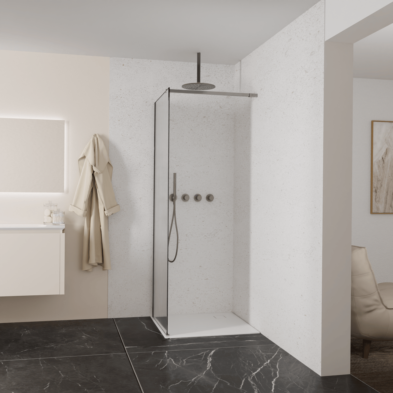 Balmani Modular douche à l'italienne: 80 x 200 cm, Ribs, avec coating, Profil Brushed GunMetal