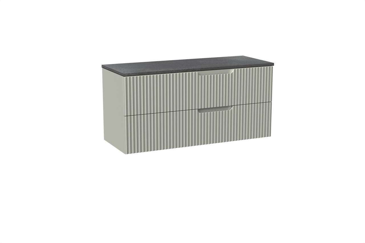 Linie Ribbo meuble salle de bains suspendu 120 x 46 cm greige avec Lado tablette simple ou double en mélaminé ardoise gris, Nervure circulaire symétrique verticale