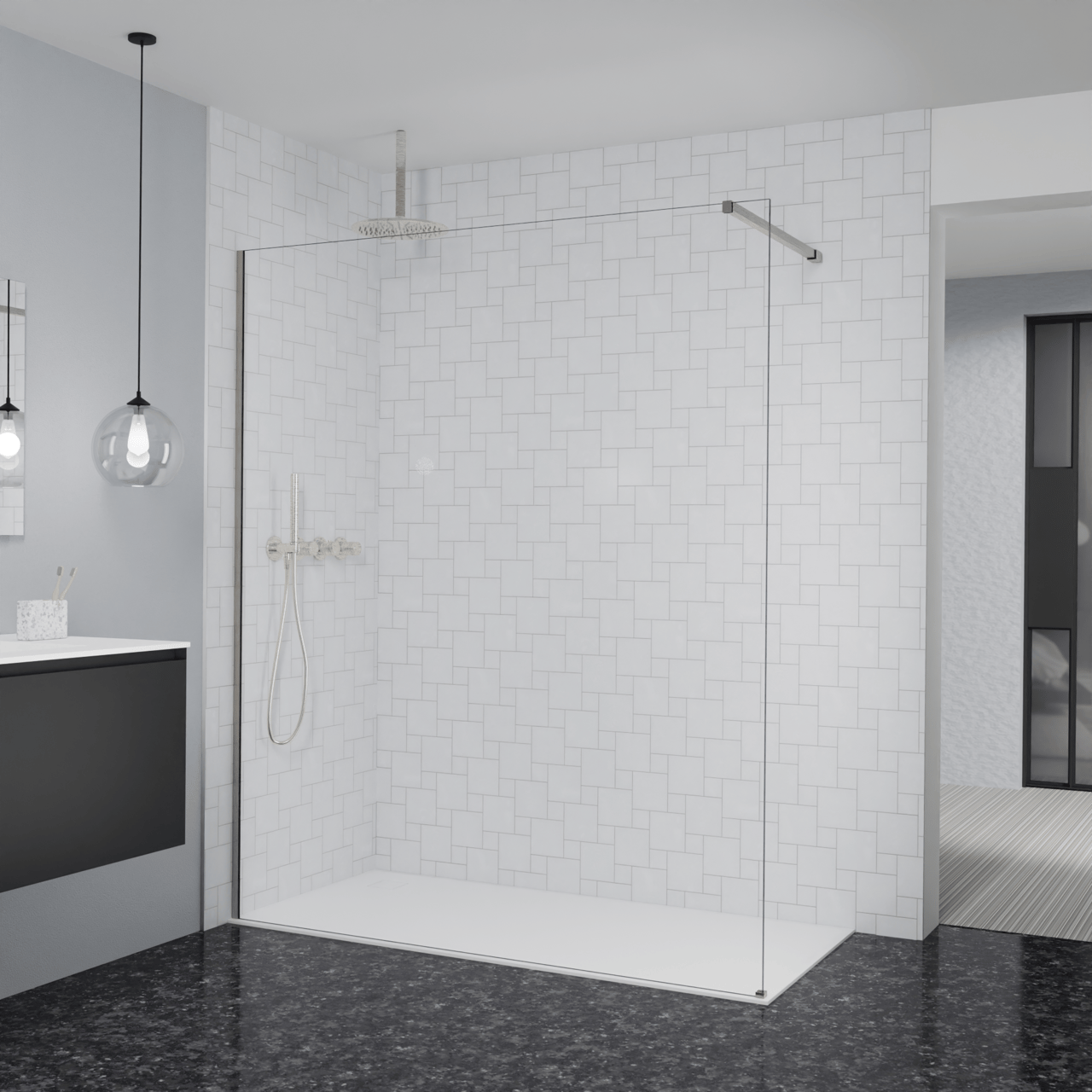 Balmani Modular douche à l'italienne: 170 x 200 cm, Verre transparent, Profil Brushed CoolMetal