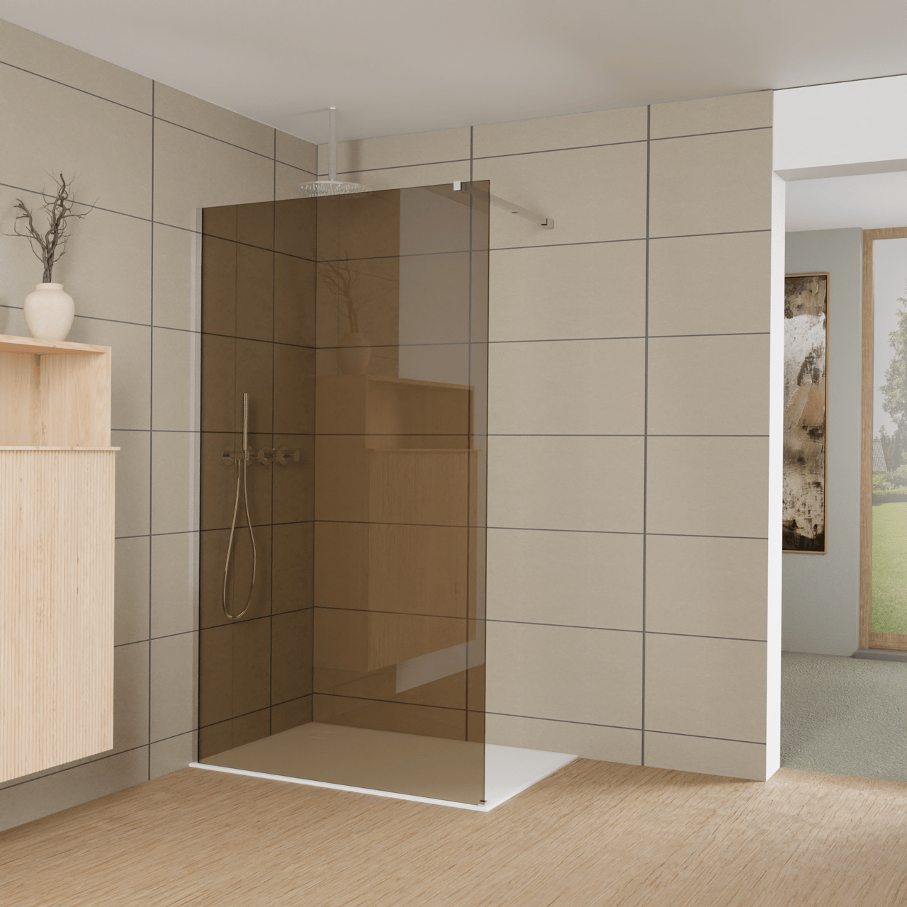 Balmani Modular inloopdouche: 120 x 200 cm, Brons glas, Glanzend chroom profielen