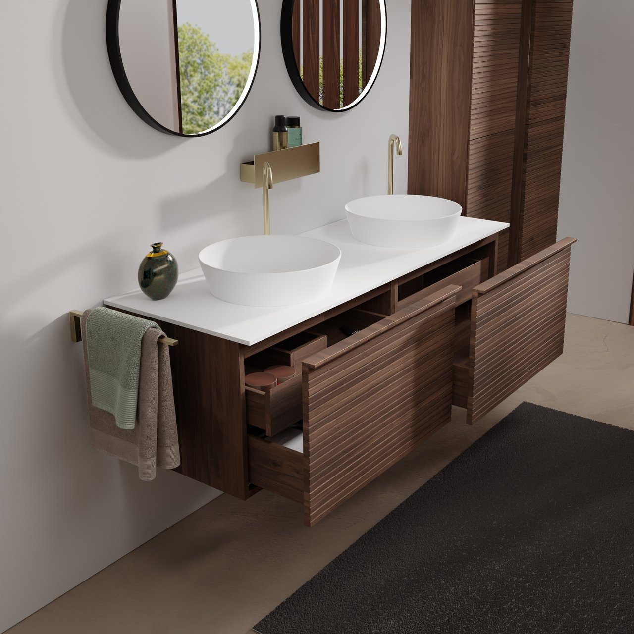 Balmani Forma zwevend badkamermeubel 150 x 55 cm amerikaanse notelaar met Stretto enkel of dubbel tablet in solid surface mat wit, Horizontale symmetrische rechte ribbel