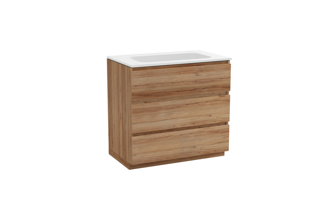 Balmani Lucida meuble salle de bains à poser 90 x 55 cm teck avec Tablo Strada plan simple en marbre composite blanc mat