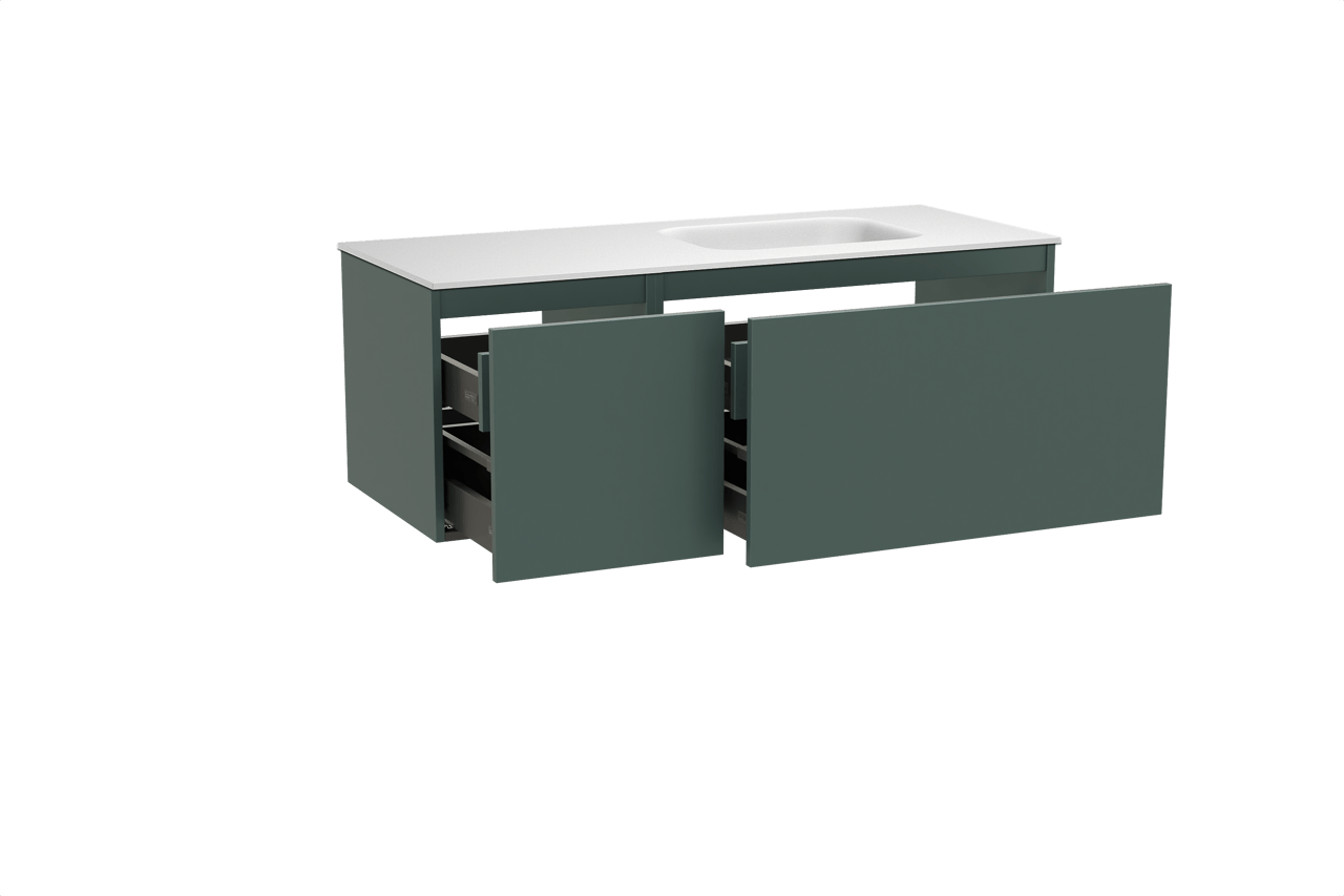 Balmani Sfera meuble salle de bains suspendu 135 x 55 cm forest avec Tablo Arcato vasque asymétrique droite en solid surface blanc mat