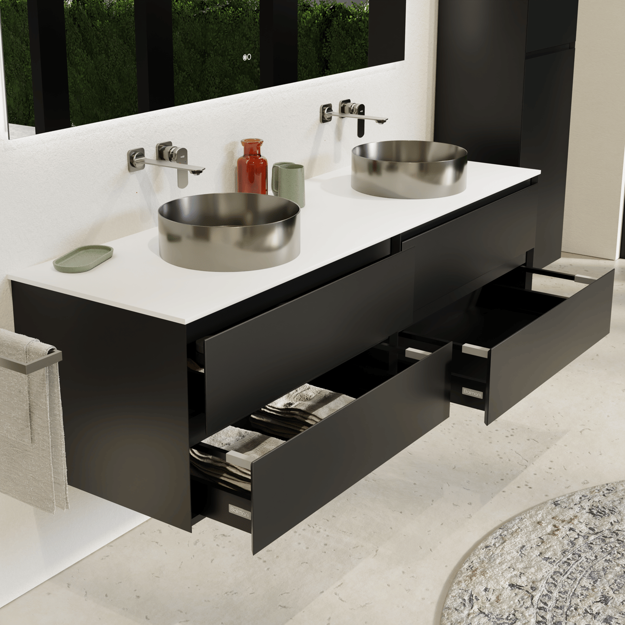 Balmani Mitra hängendes Möbelstück Set: 180 x 55 cm, Schwarz matt, mit Stretto Einzel- oder Doppel Waschtischplatte, Solid Surface Weiß matt